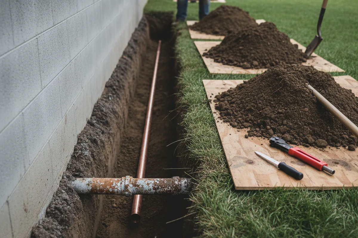 Excavated water line trench during Water Softener Installation in Frisco